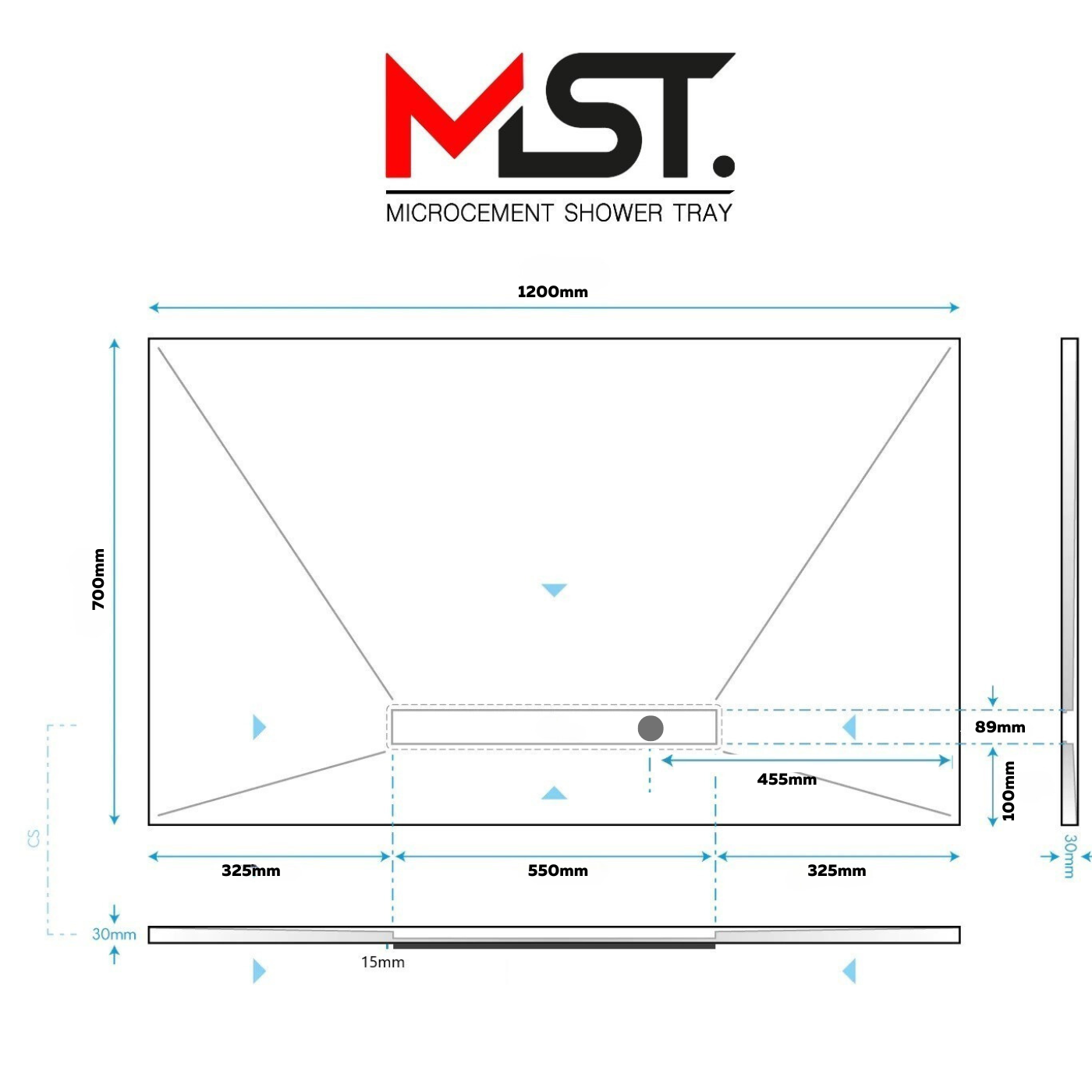 Resin Rock Microcement Ready Shower Tray 550mm Linear Drain Long Edge