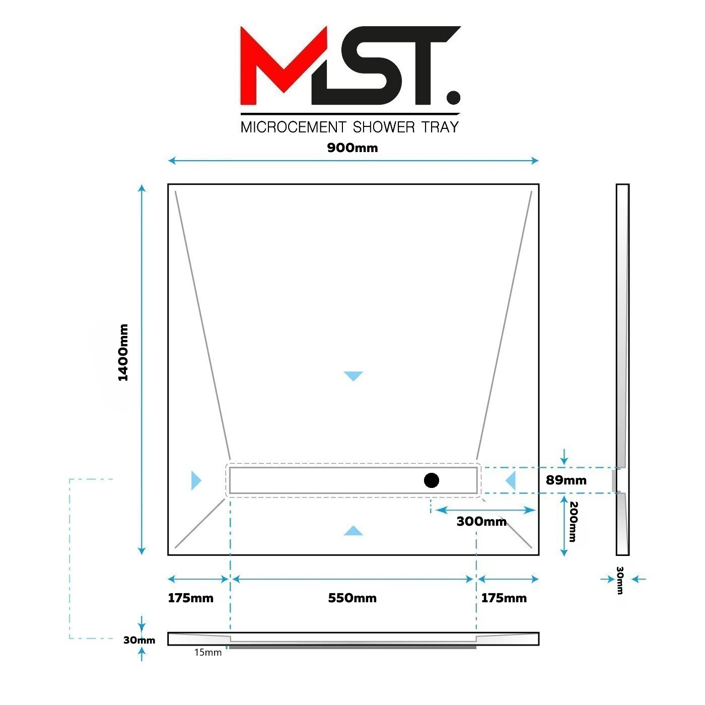 Resin Rock Microcement Ready Shower Tray 550mm Linear Drain Short Edge